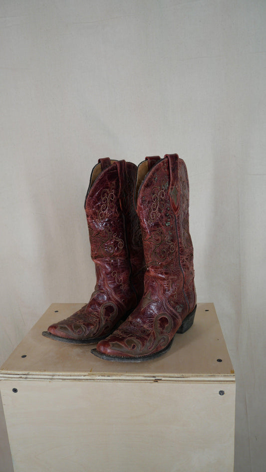 1980s Cherry Leather Cowboy Boots | 5.5