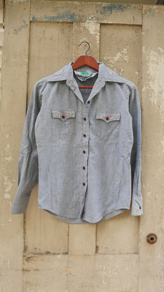 1970s Embroidered Chambray Shirt | S