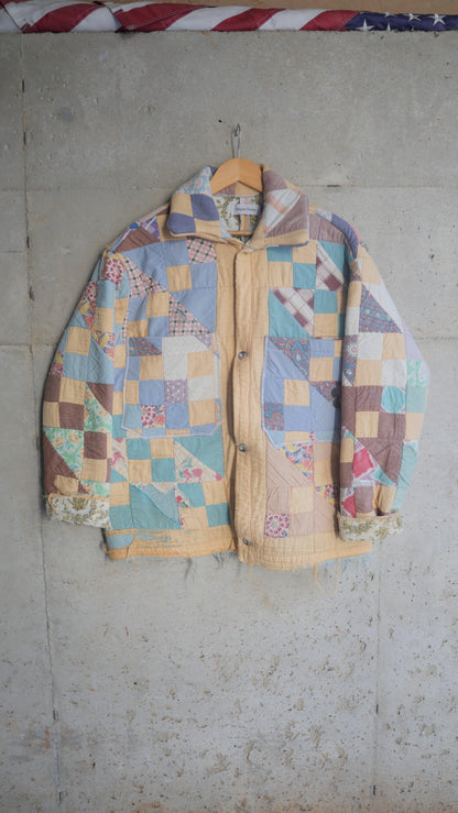 1970s Yellow Checkered Quilt Chore Jacket | L