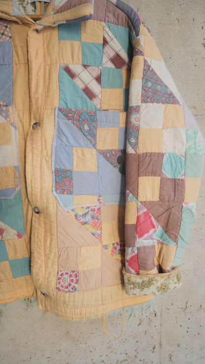 1970s Yellow Checkered Quilt Chore Jacket | L