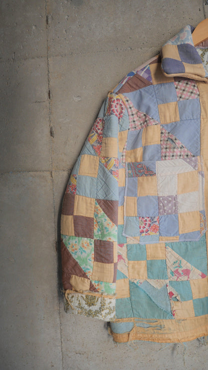 1970s Yellow Checkered Quilt Chore Jacket | L