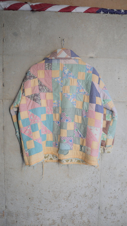 1970s Yellow Checkered Quilt Chore Jacket | L