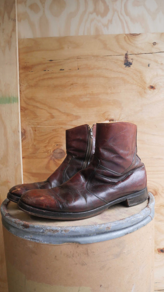 1970s Cherry Leather Side Zip Boots | 13